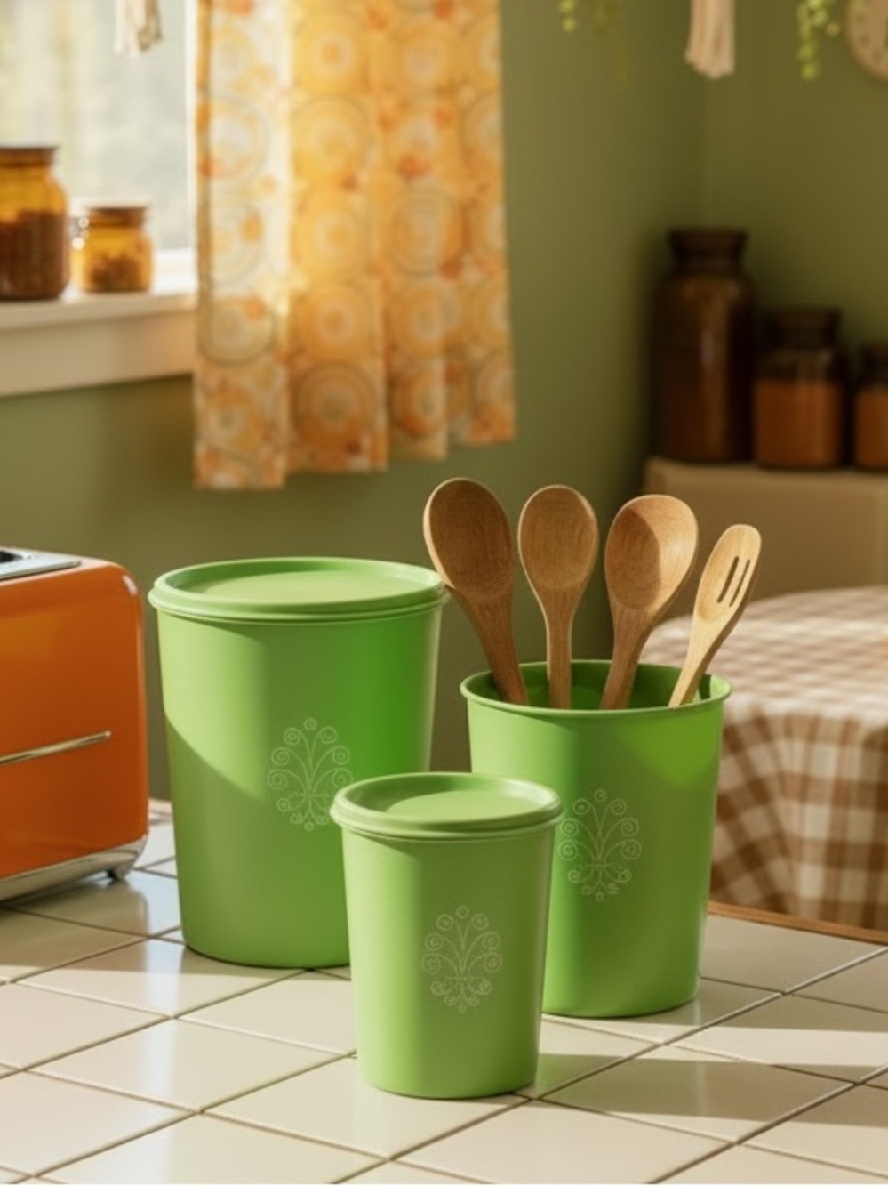 Vintage 70’s Lime Green Servalier Canister Set With Lids